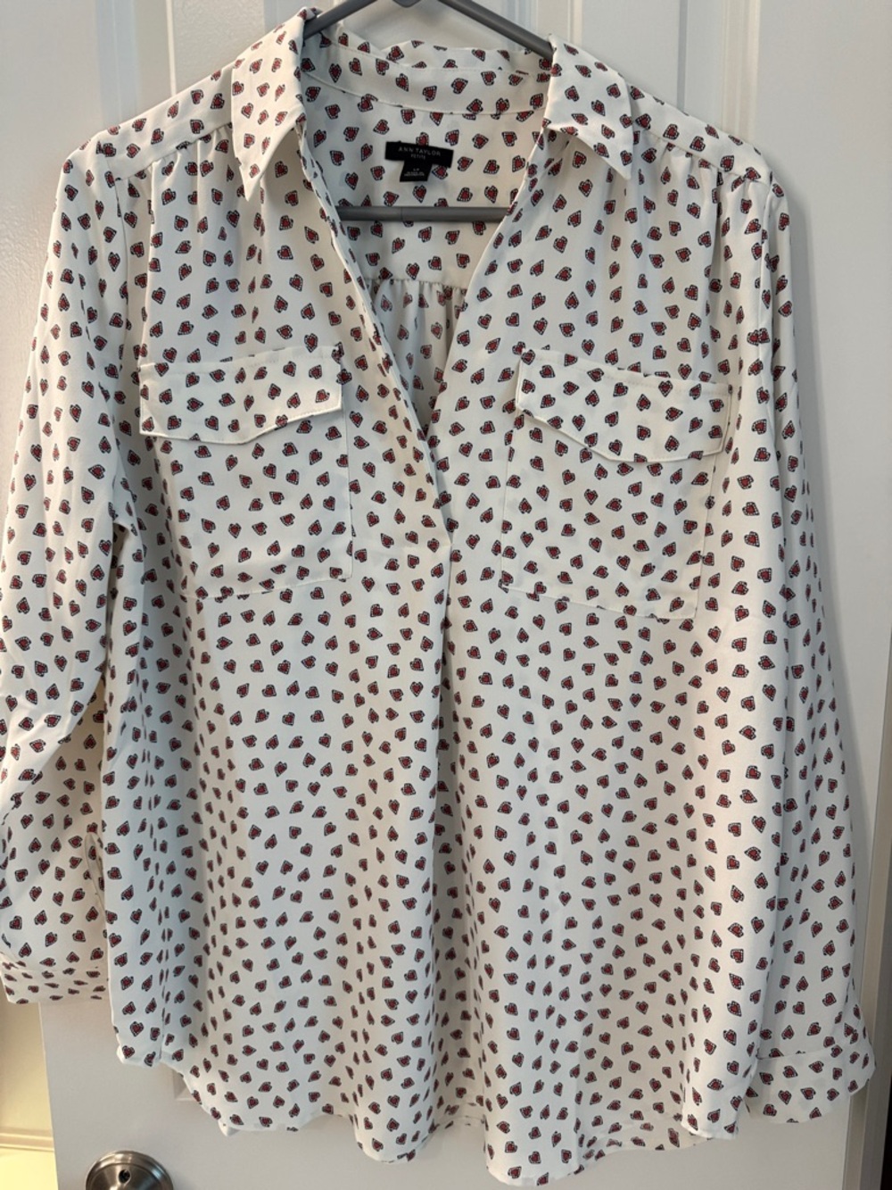 Ann Taylor Ivory Blouse with Red Heart Print